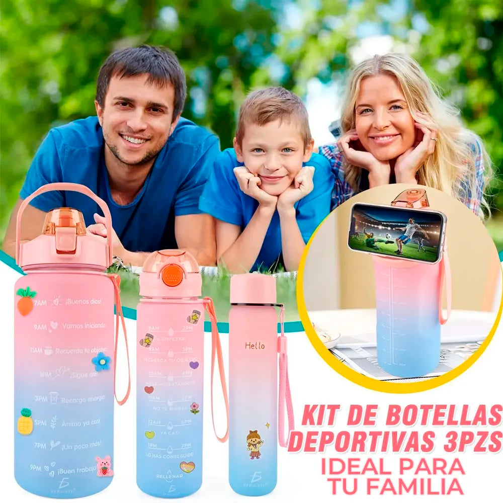 Botellas Vasos 3en Trio Motivacional Agua Popote Gym