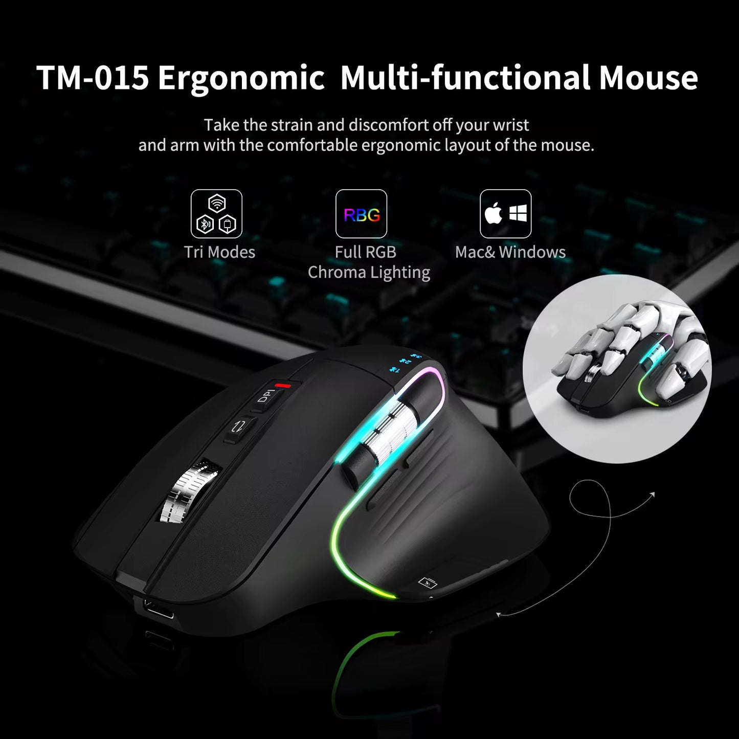 Mouse ergonómico inalámbrico recargable para computadora con rueda de pulgar lateral Sensor de alta precisión