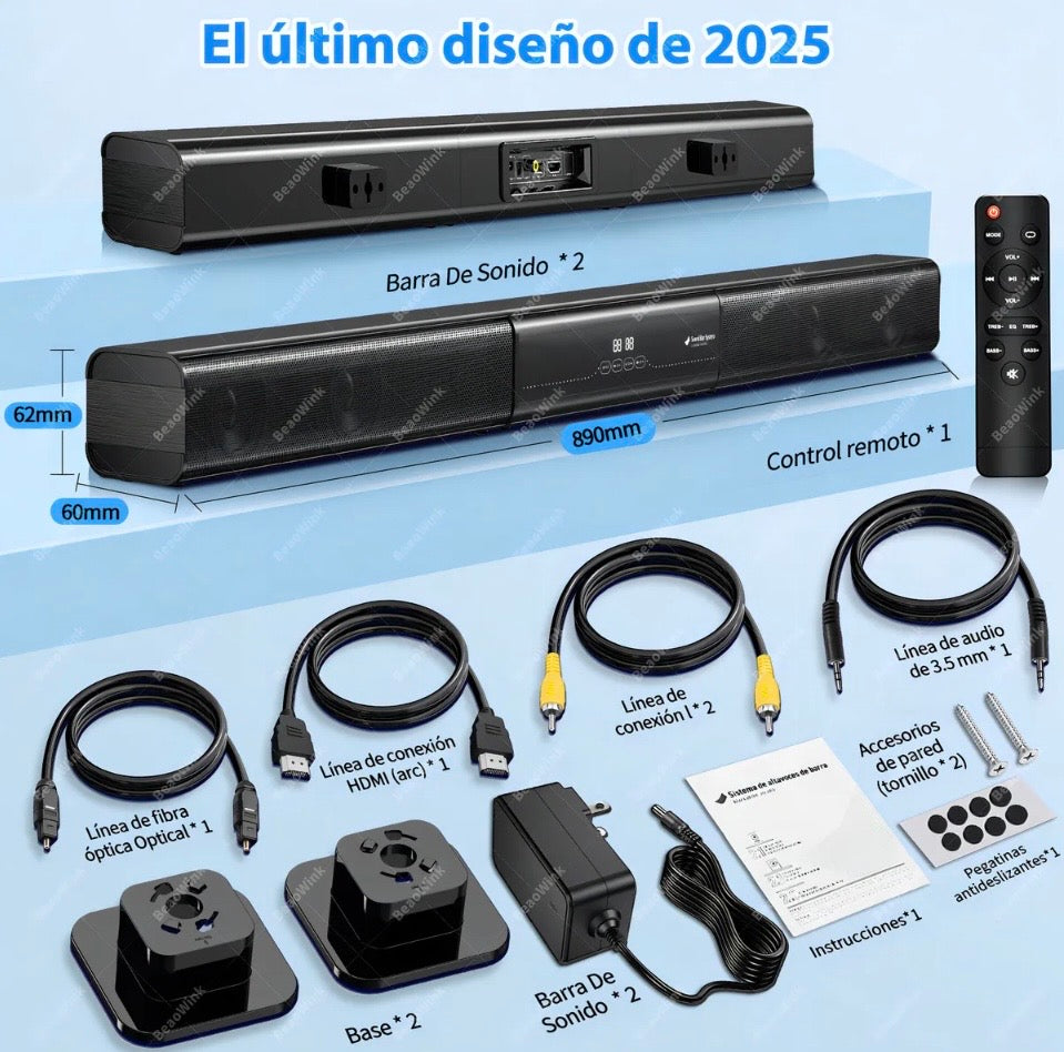 Barra de sonido con 4 bocina 2.0 canales, desmontable home theater beaowink dolby dts bocina con bluetooth 5.3, Aux/hdmi(arc)/usb/optical/coaxial/fm-ant, Pantalla Led Y Control Remoto