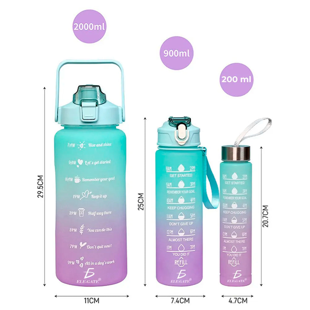 Botellas Vasos 3en Trio Motivacional Agua Popote Gym