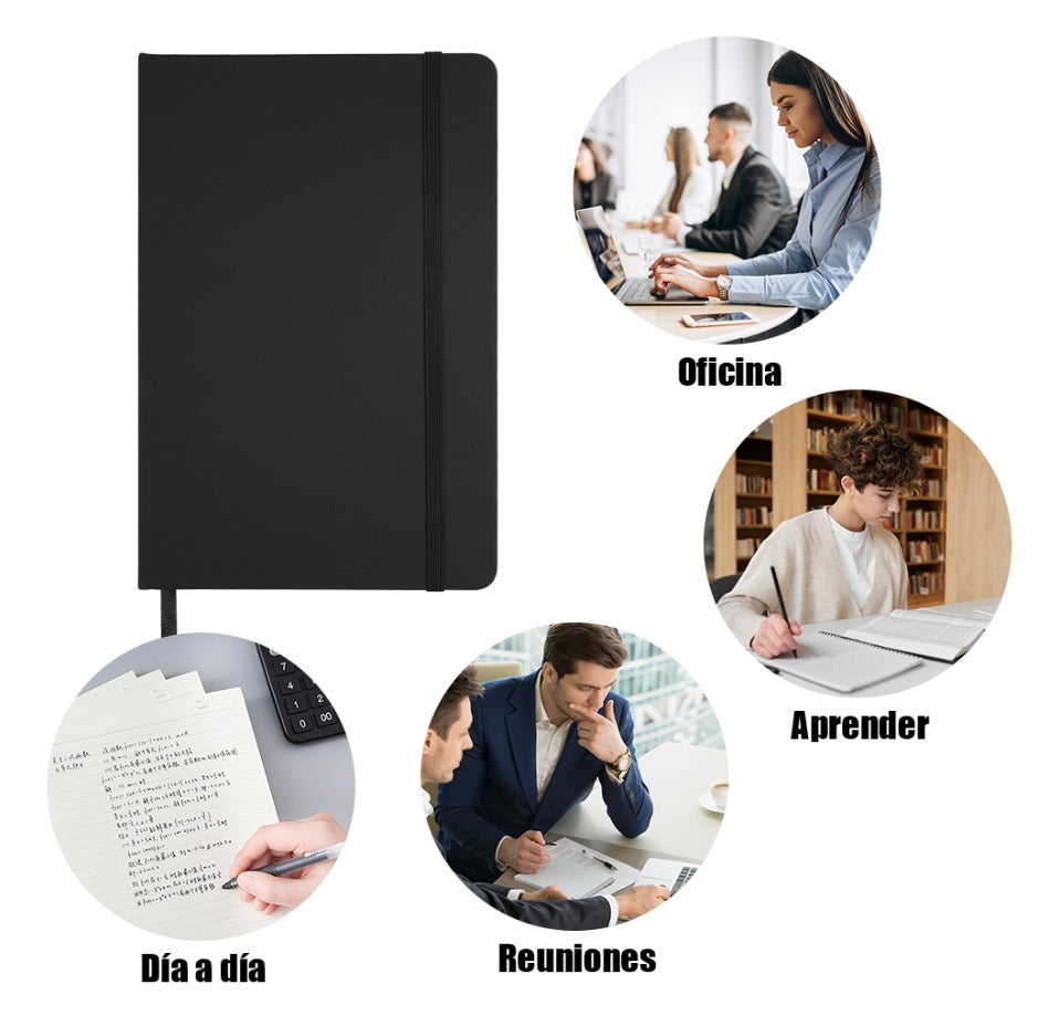 Libreta tipo moleskine de poliuretano + 1 boligrafo