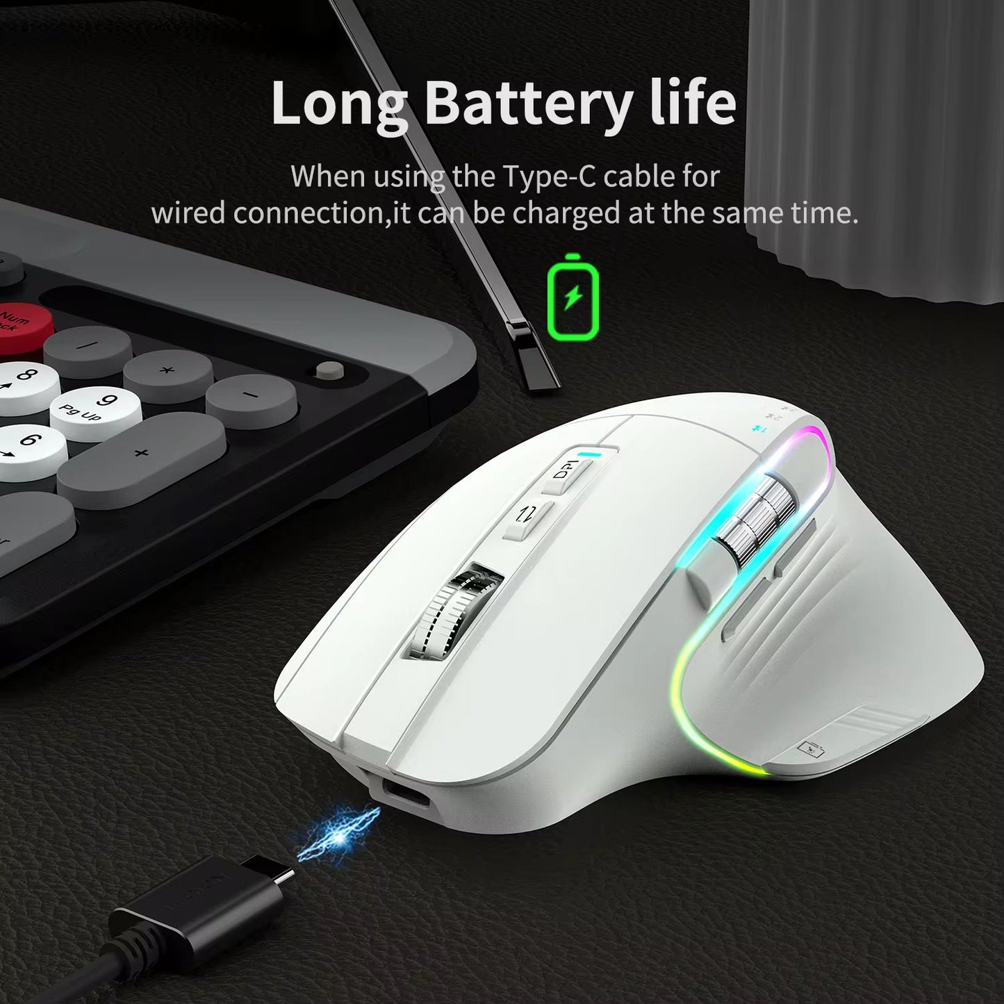 Mouse ergonómico inalámbrico recargable para computadora con rueda de pulgar lateral Sensor de alta precisión