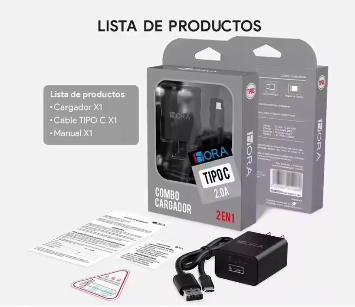 Cargador USB Tipo C Rápido 2 en 1 de 1 Hora, 1 m, 10 W