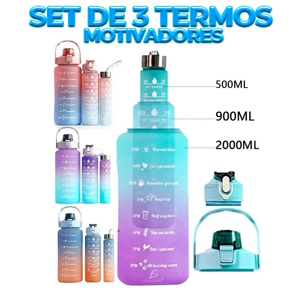 Botellas Vasos 3en Trio Motivacional Agua Popote Gym