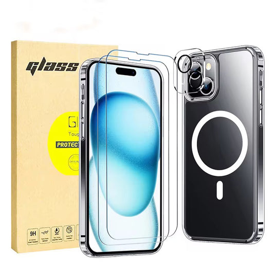 Funda para iPhone 3 en 1 Funda de teléfono magnética transparente Lente de cámara Cubierta completa Pantalla de vidrio templado Cubierta protectora del teléfono